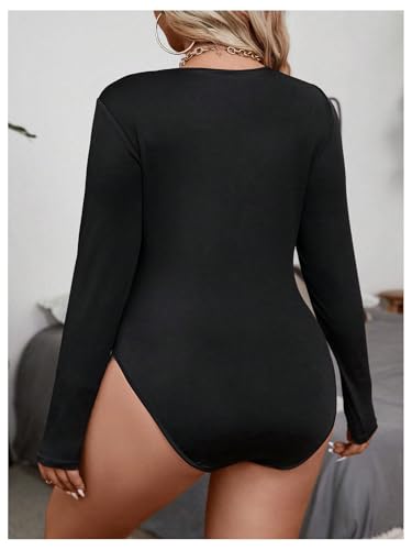 SOLY HUX Women's Plus Size Long Sleeve Bodysuit Sexy Lace Trim Deep V Neck Leotard Tops2