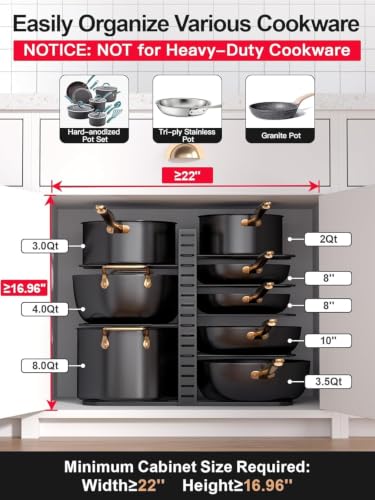 Image of 8-Tier Pots and Pans Organiser Rack for Cabinet, Adjustable Black8-Tier Pots and Pans Organizer Rack for Cabinet, Heavy Duty Adjustable Cookware Storage H (Upgraded)