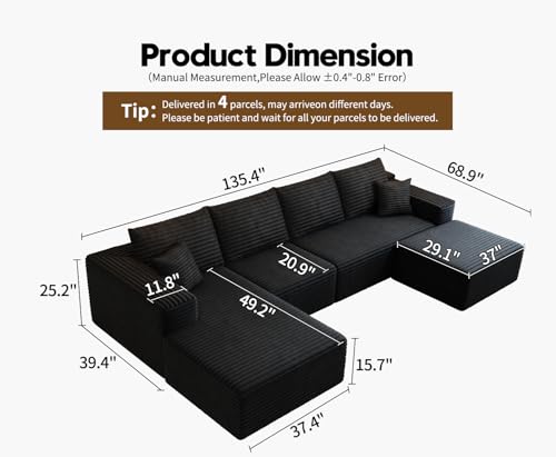 Image of 135.4 inch Cloud Modular Sectional Couch with 1 Ottoman,Modern Minimalist Upholstered Couches, Comfort U Shaped Sofa for Living Room,Deep Seat Corner Couch,No Assembly Required (Black,Left Facing Chaise)