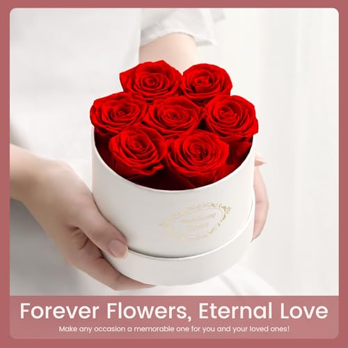 Beaulasting Roses Preserved Roses in a Box Eternal Long-Lasting Real Roses Last a Year Forever Romantic Gifts for Her Mother's Day Valentine's Day Anniversary Birthday (Round White Box, 7 Red Roses)