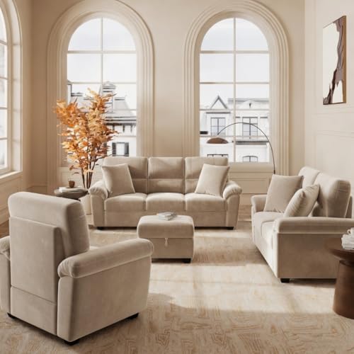 Image of Anderson 6 Seater Fabric Sofa Set (3+2+1) with Storage Ottoman Beige, Premium Velvet Finish Upholstery, Solid Wood Frame, High Density Foam Cushions, Modern Living Room Furniture