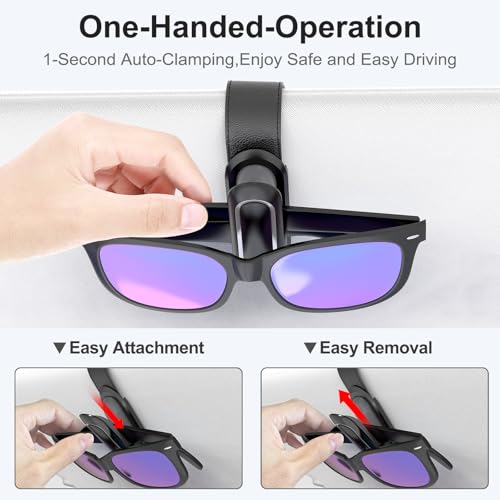 Image of Veharvim Sunglass Holder for Car (2 Pack, One-Handed Operation, Gentle & Secure Hold, Silicone Padded, Universal Fits Sunglass and Car Visor) - Sunglasses Clip for Car Visor (Black & Silver, 1 Pack)