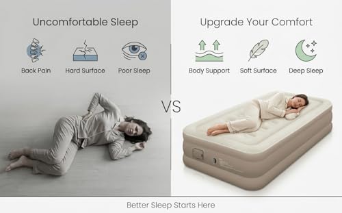 Image of Single Inflatable Airbed Mattress, Waterproof, Plush Top, 191x99x40 cm, Portable, for Home, Travel & Camping, Brown