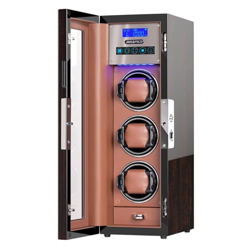 JINS&VICO Watch Winder for 3 Automatic Watches, Key and Fingerprint Unlock, Watch Display Case with Built-in Drawer, Built-in Illumination, Fit Lady and Men