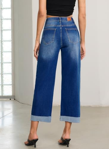 Image of Sidefeel Barrel Jeans for Women High Waisted Wide Leg Baggy Stretchy Trendy Raw Rolled Hem Capri Cropped Ankle Denim Pants