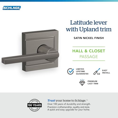 Image of Schlage Latitude Hall /Closet Passage Door Handle, Reversible, Satin Nickel | Hall or closet lever door handle with no lock, Easy to install, Certified durability, Universal fit