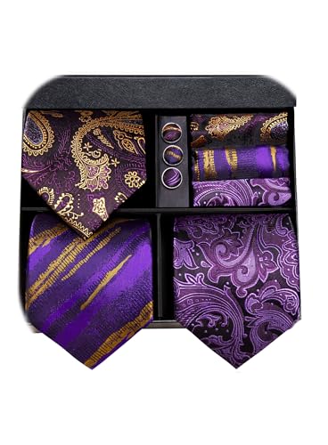 Image of Hi-Tie 3 Pcs Gift Box Mens Tie Set Necktie with Pocket Square Cufflinks Lapel Pin Silk Neck Tie Collection