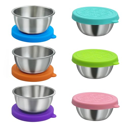 Paquete de 6 ollas pequeñas de acero inoxidable para aderezo de ensalada de 50ml con tapa de silicona, minitazas de salsa reutilizables a prueba de fugas