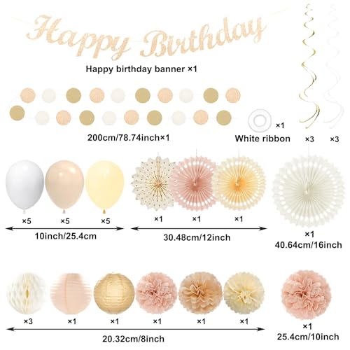 Image of Champagne-Gold Birthday Decorations for Women Girls,Pre-Strung Happy Birthday Banner,Boho Peach Pink Paper Lanterns Tissue Pom Poms Fan,Cream White Balloons,Girl Woman Party Backdrop Supplies