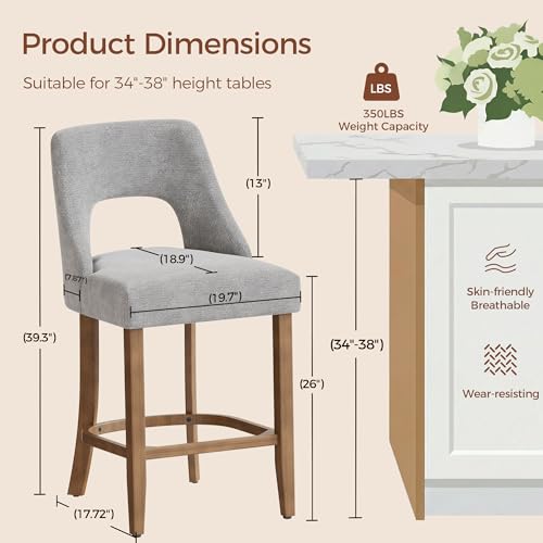 Image of UVV Bar Stools Set of 3, Upholstered Counter Height Bar Stools, Modern Counter Stools with Wood Legs for Kitchen Island Dining Room Bar, Light Grey