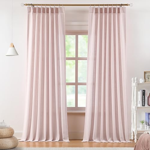 Image of Vision Home Soft Pink Pinch Pleated Semi Sheer Curtains Textured Linen Blended Light Filtering Window Curtains 84 inch for Living Room Bedroom Pinch Pleat Drapes with Hooks 2 Panels 40 inch Wx84 L