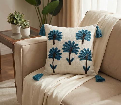 Furnistitchs Handmade Tufted Boho Cushion Covers 12x12 Inches | Embroidered Sofa Pillow Cases | Rustic Bohemian Decorative Throw Cushions for Couch Bedroom Living Room (1, Navy Palms)