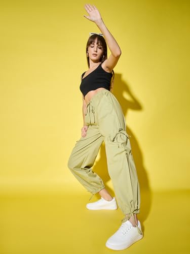 Image of DIMPY GARMENTS Solid Cotton Blend Women's Cargo Pants | Adjustable Tie-Side Cargo Pockets