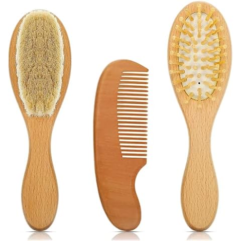 3 Pieces Baby Hair Brush & Comb Set, Infants and Toddlers Natural Wooden Hairbrush with Soft Goat Bristles for Cradle Cap and Massage, Baby Shower and Scalp Grooming Cover