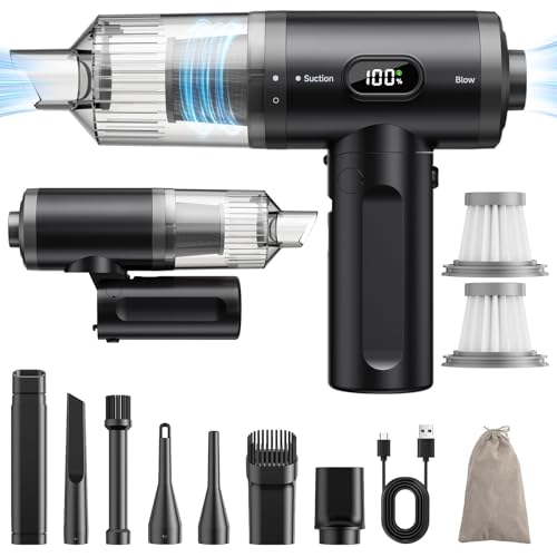 APPS2Car Aspirapolvere a mano per auto, 15000PA Mini batteria per auto con display digitale, pieghevole, senza fili, con 2 filtri HEPA, per PC, casa, cucina, fessure e angoli