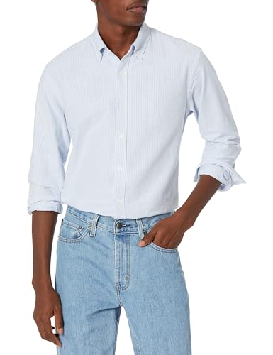 Amazon Essentials Herren Langärmeliges Business Oxford-Hemd, Normale Passform, Blue Stripe, M
