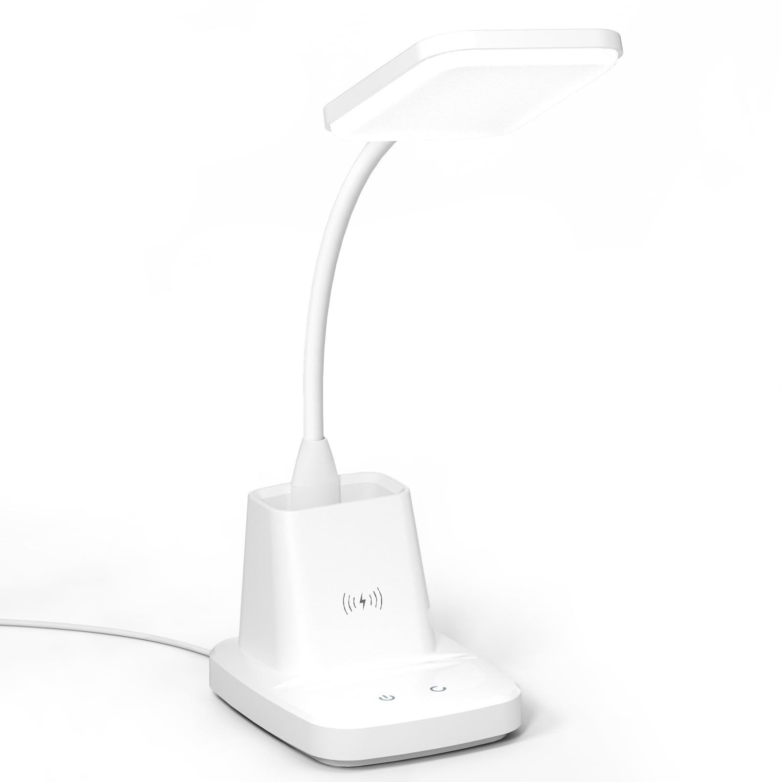 LED-Schreibtischlampe mit kabellosem Ladegerät, weiße Schreibtischlampe mit Stifthalter, 3 Farbmodi mit stufenlosem Dimmen, CRI 85, 800 Lumen, Heimbüro, Adapter im Lieferumfang enthalten