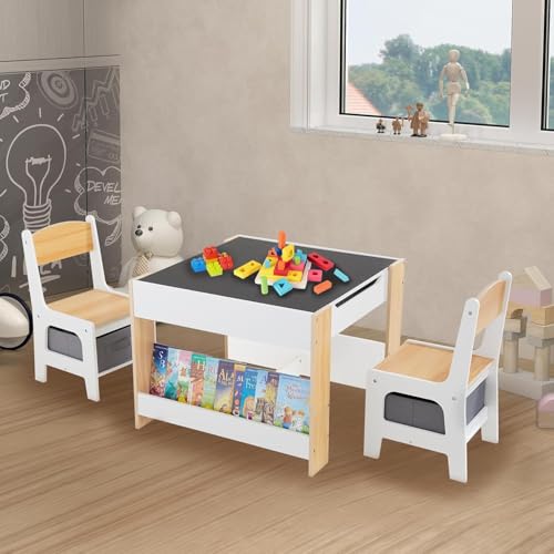 Asweets Ensemble Table et Chaises pour Enfants, Bureau 4 en 1 avec Tiroir De Rangement, Table d'Activités en Bois pour Plateau Amovible 2 en 1, avec...