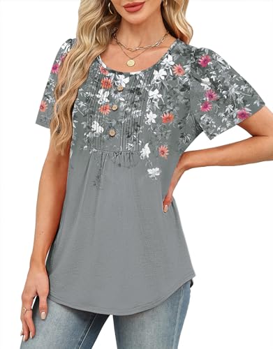 Image of Womens Tops Dressy Casual Blouses Short Sleeve Shirts Plus Size Fashion Clothing Spring Summer Outfits Button Pleated Front