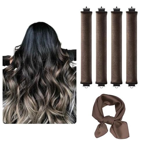 Heatless Hair Curlers for Overnight Curls – 4 Pcs Velvet Flexi Rods with Satin Scarf, No Heat Curling Set for Long Hair, Soft Sleep-In Rollers for Natural Waves and Blowout Volume