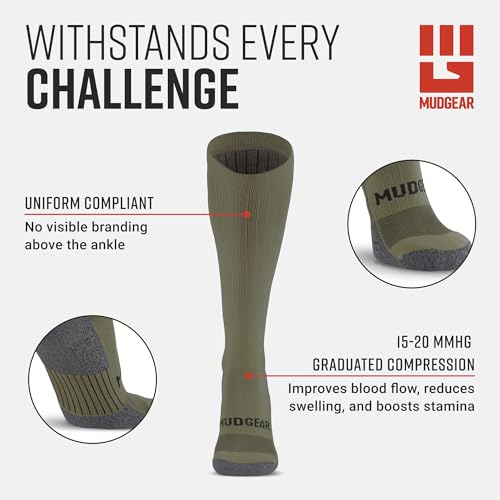 Image of MudGear Graduated Compression Socks, Durable, Sweat-Resistant OCR Performance Socks with Cushioned Footbed, Made in USA