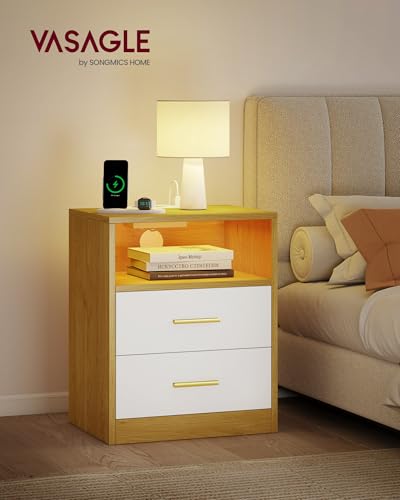 Miniatura 2 de Vasagle Custos Colección - Juego De 2, Mesita De Noche Con Estación De Carga, Luz Led, Mesa Auxiliar Con Cajones, Estante Abierto, 2 Tomas Ca Y Puertos Usb, Roble Natural Y Blanco Nube Let829yd02
