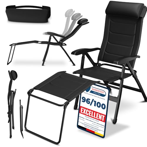 ELONEO Chaise de Camping Pliante avec Repose-Pieds Amovible - Chaise Longue Pliante de Jardin en Aluminium Rembourrée, Transat Jardin Extérieur Confortable - Dossier...