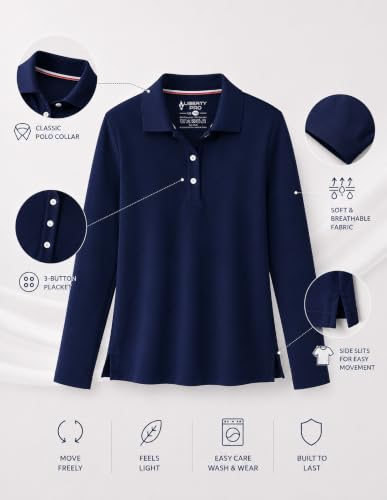 Image of Liberty Pro 3 Pack Youth Girls Long Sleeve Golf Polo Shirts | Collared Shirts, 3-Button Placket, Moisture Wicking Tops for Kids, Teens, School Uniform, Golf, Tennis