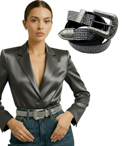 Cinto Country Feminino Strass Fivela Western Rodeio 2,5 Cm Largura | 118 cm Comprimento (Prata, 118 CM)