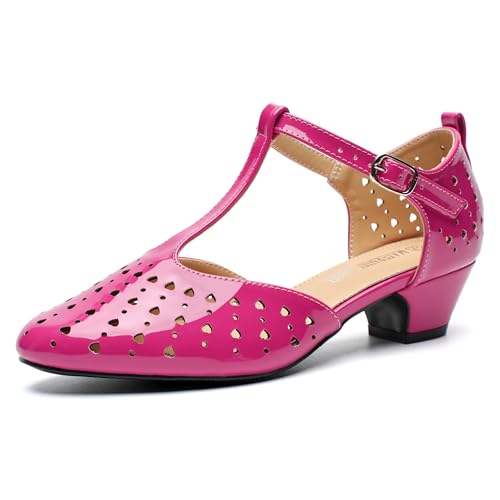 Image of MAIERNISI JESSI Women's T-Strap Mary Jane Pumps, Low Block Heel, Closed Toe, Buckle Ankle Strap