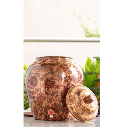 Image of Indian Art Villa Printed Flower & Leaf Design Copper Water Dispenser Pot Matka, Storage, Home Kitchen Garden, 13 LTR