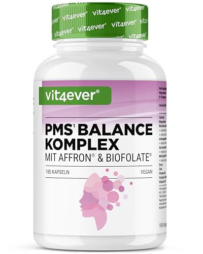 Complejo PMS – 180 cápsulas veganas – con extracto de azafrán Affron®, ácido fólico Biofolate®, sauzgatillo, ashwagandha – Rhodiola rosea, calcio, magnesio, hierro, zinc, vitamina B6 y B1