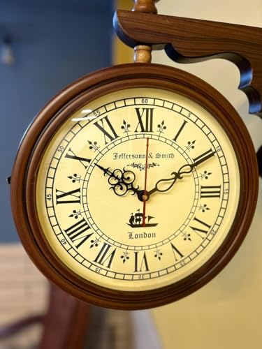 Image of Victorian Style Double-Sided Wall Clock with Bracket, Antique Farmhouse Design, Roman Numerals, Silent Quartz Movement, Light Brown (Brown)