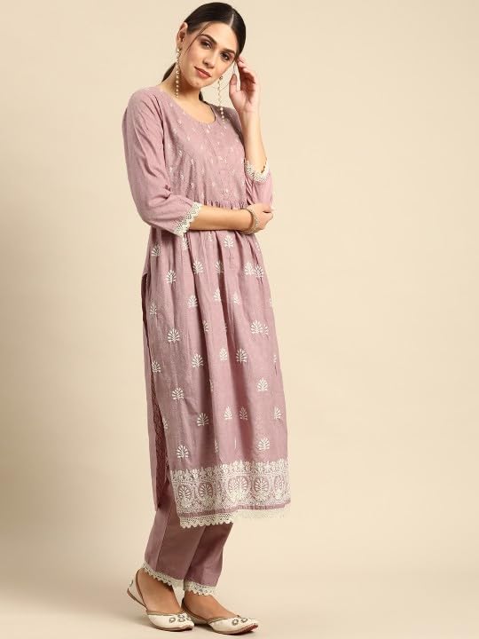 Image of Amazon Brand - Tavasya Womens Embroidered Kurta Pant Set With Trousers With Prinred With Lace Dupatta