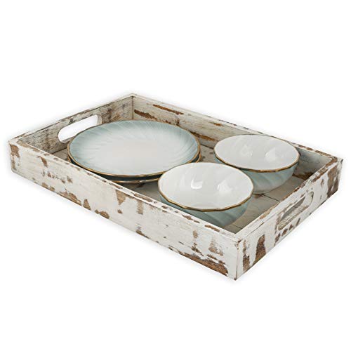 GoCraft Handmade Classic Wooden Tray Medium Size | Serveware Kitchen Accessories Tray - 15\" (Rustic White Finish)
