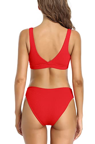 SHEKINI Women's Scoop Crop Sporty Bikini Set Solid Ribbed Two Piece Swimsuit2