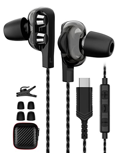 USB Type C Headphones for Galaxy S20 FE, APETOO Hybrid Dual Dynamic Drivers Earbuds with Mic Hi-Fi Stereo Noise canceling Earphones for iPad Mini 6 Samsung S21 Ultra Note 20 Z Flip 3 Pixel 6 Pro 5 4