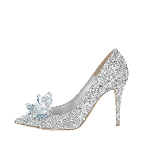 sexytag Women's Crystal Rhinestone Poined Toe Pumps Cinderella Clear Stiletto
