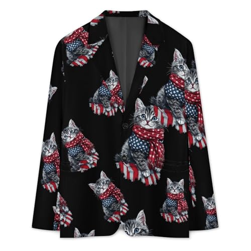 4th of July Cat U.S. Flag Casual Men's Blazers Two Button Lapel Suits Jacket Lightweight Sport Coats3