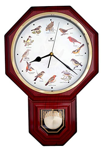 JUSTIME Unique 12 North American Bird's Song Schoolhouse Pendulum Wall Clock Chimes Every Hour