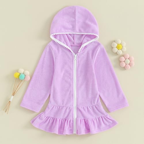 Image of Girls Terry Cloth Swim Cover Up Zip Up Hooded Bathing Suit Coverup Wraps Rufled Kids Pool Beach Robe Cover-Up Dress