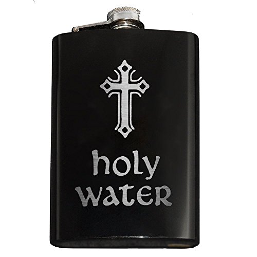 HOLY WATER Engraved 8oz Stainless Steel Hip Flask (Black)