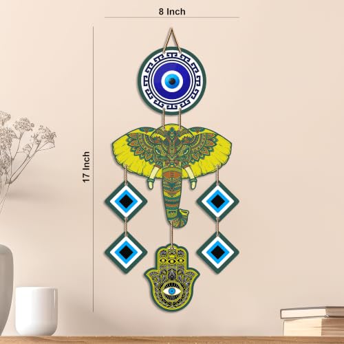 Image of Artvibes Colorful Elephant Evil Eye Wall Hanging for Home Entrance | Lucky Elephant MDF Nazar Battu Decor | Vastu Decorative Wall Art for Living Room | Bedroom | Balcony | Gift Item (WH 8550N)
