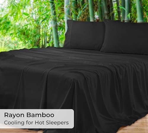 Image of Royale Linens Bamboo Viscose Full Flat Sheets Only - Cooling Sheets - Organic Viscose Derived from Bamboo - Full Size Flat Sheet Only - Top Sheet - Breathable & Silky Bedding (Full, Black)