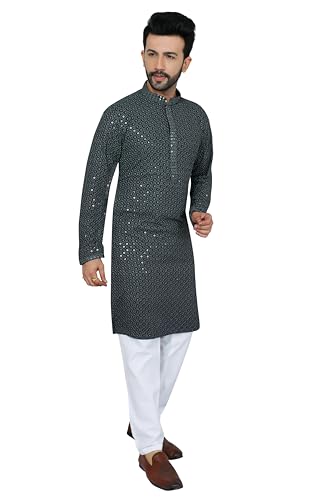 Men's Embroidered Kurta and Straight Pants Set, Multicolor, Viscose Rayon, Knee-Length, Kurta for Men (GREY, SMALL)3