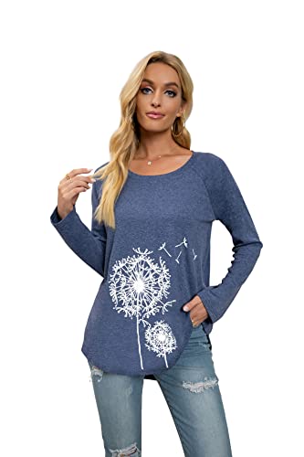 Damen Bluse Langarm Shirt Tunika Tshirt Kleidung Oberteile Tops(Blau-1,XL) Cover