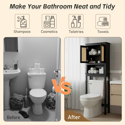 Over The Toilet Storage Cabinet, Behind Toilet Bathroom Organizer with Adjustable Shelves, Above Toilet Organizers with Barn Door, Space Saver for Restroom, Bathroom, Laundry