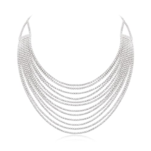 Flyonce Multi Layered Choker Collar Necklace, Glitter Rhinestone Crystal Tassel Multi-Strand Fringe Chains Bib Statement Necklace Prom Jewelry for Women
