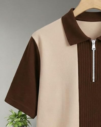 AUSK Women's Zip Neck Polo T-Shirt Beige Beige & Brown - Image 6