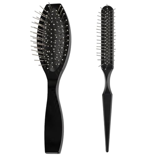 LLMSIX 2-in-1 Synthetic Wig Brush with Stainless Steel Handle and Ball Tips for Gentle Detangling and Styling Natural Curls and Wigs - Black (2PCS)